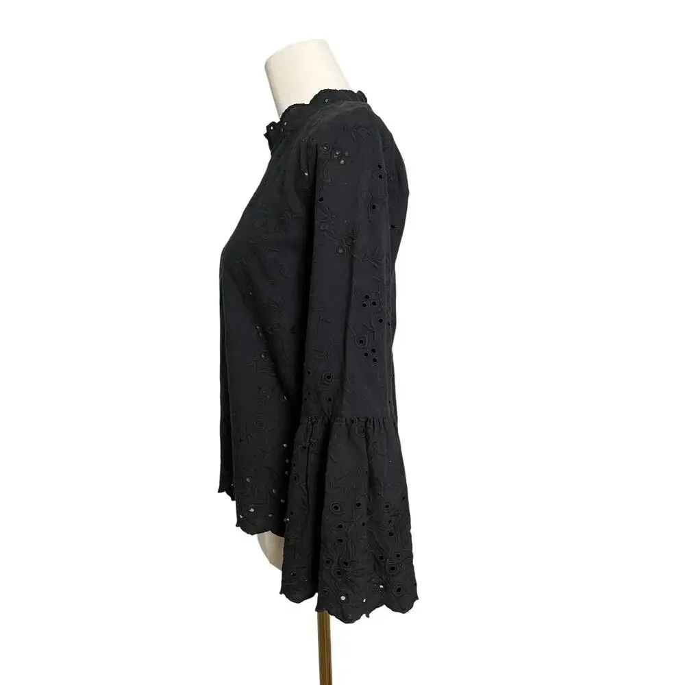 Ulla Johnson Blouse Womens 6 Black Embroidered Eyelet Bell Sleeve Mock Neck Top